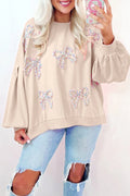 Parchment Embroidered Bow Lantern Sleeve Sweatshirt Parchment 65%Polyester+35%Cotton Bazaare Mart Tops/Sweatshirts & Hoodies