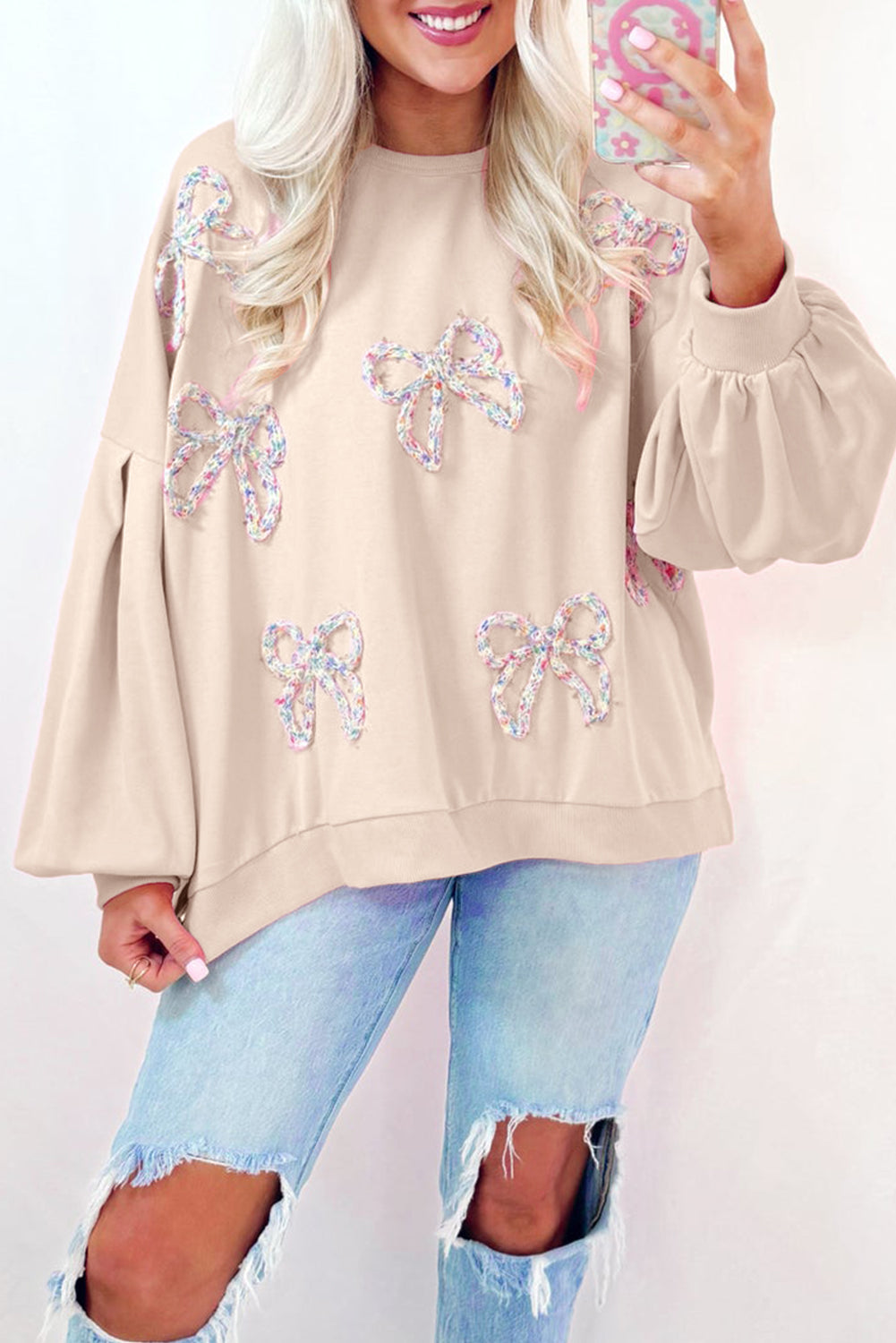 Parchment Embroidered Bow Lantern Sleeve Sweatshirt