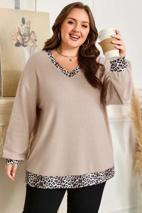 Parchment Leopard Hem V Neck Long Sleeve Top Parchment 80%Polyester+15%Cotton+5%Elastane bazaare mart Plus Size/Plus Size Tops/Plus Size Long Sleeve Tops