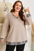 Parchment Leopard Hem V Neck Long Sleeve Top Parchment 80%Polyester+15%Cotton+5%Elastane bazaare mart Plus Size/Plus Size Tops/Plus Size Long Sleeve Tops