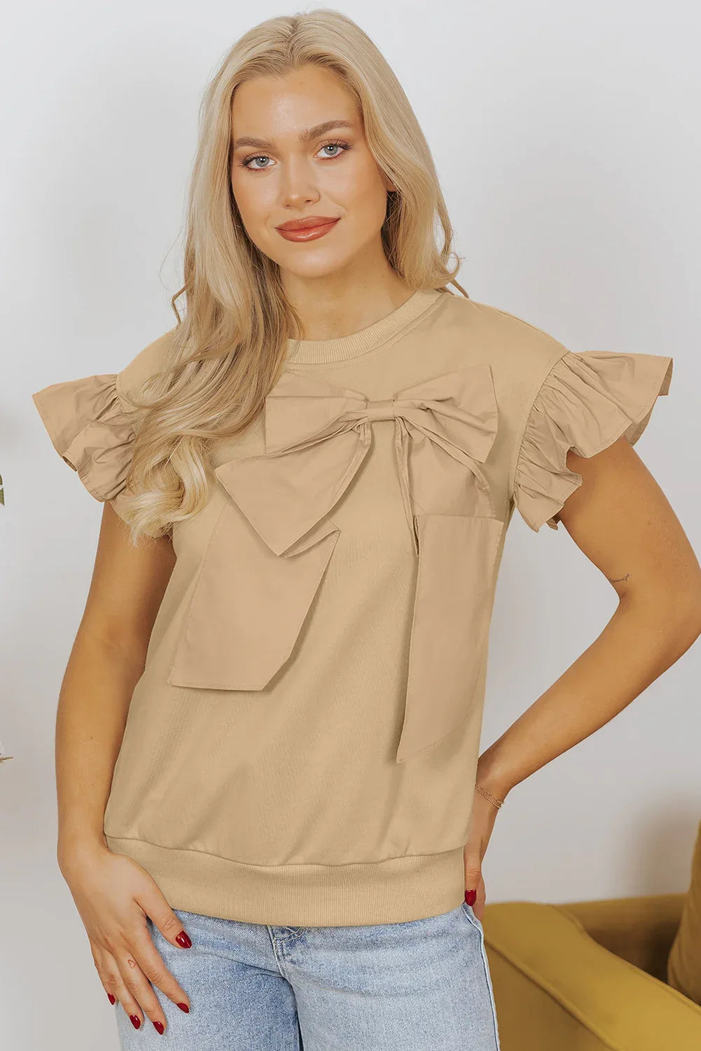 Parchment Ribbon Bow Ruffle Sleeve Top Parchment 80%Polyester+20%Cotton Bazaare Mart Tops/Blouses & Shirts