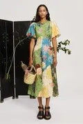 Green & Yellow Patchwork Puff Sleeve Midi Dress Bazaare Mart Floral Patch Midi Dress
