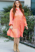 Peach Metallic Balloon Sleeve Shirt Dress Peach Blossom 100%Polyester Bazaare Mart Plus Size/Plus Size Dresses/Plus Size Mini Dresses