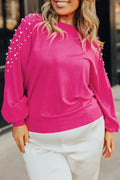 Pearl Embellished Magenta Sweater Strawberry Pink 50%Viscose+28%Polyester+22%Polyamide Bazaare Mart Plus Size/Plus Size Sweaters & Cardigans