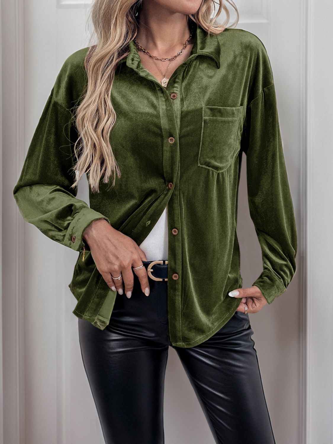 Velvet Button Up Long Sleeve Shirt