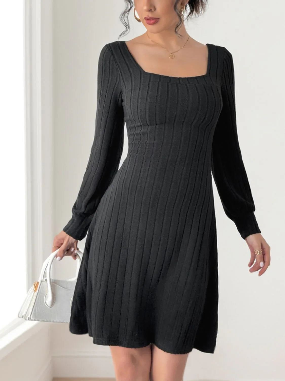 Perfee Butterfly Square Neck Long Sleeve Dress Black Bazaare Mart Perfee Butterfly Square Neck Long Sleeve Dress