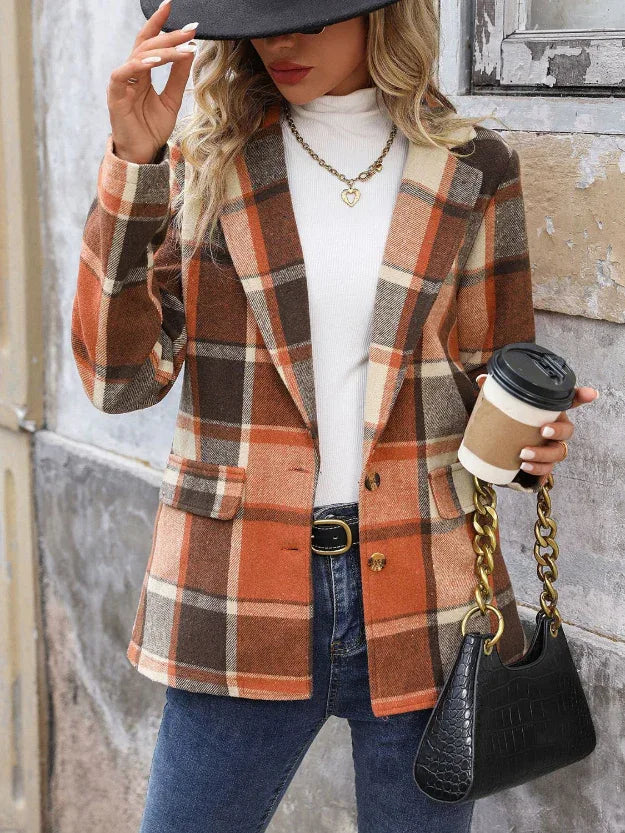 Perfee Plaid Fall Button Up Blazer Ochre Bazaare Mart Perfee Plaid Button Down Lapel Collar Blazer