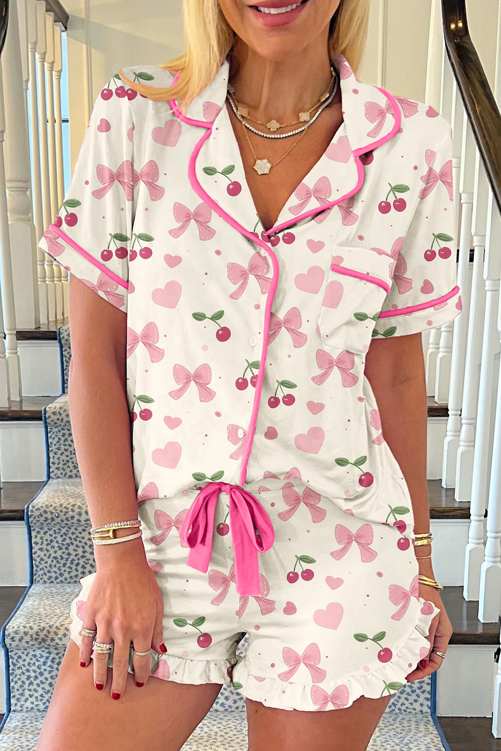 Pink Bows and Cherry Shorts Pajamas Set