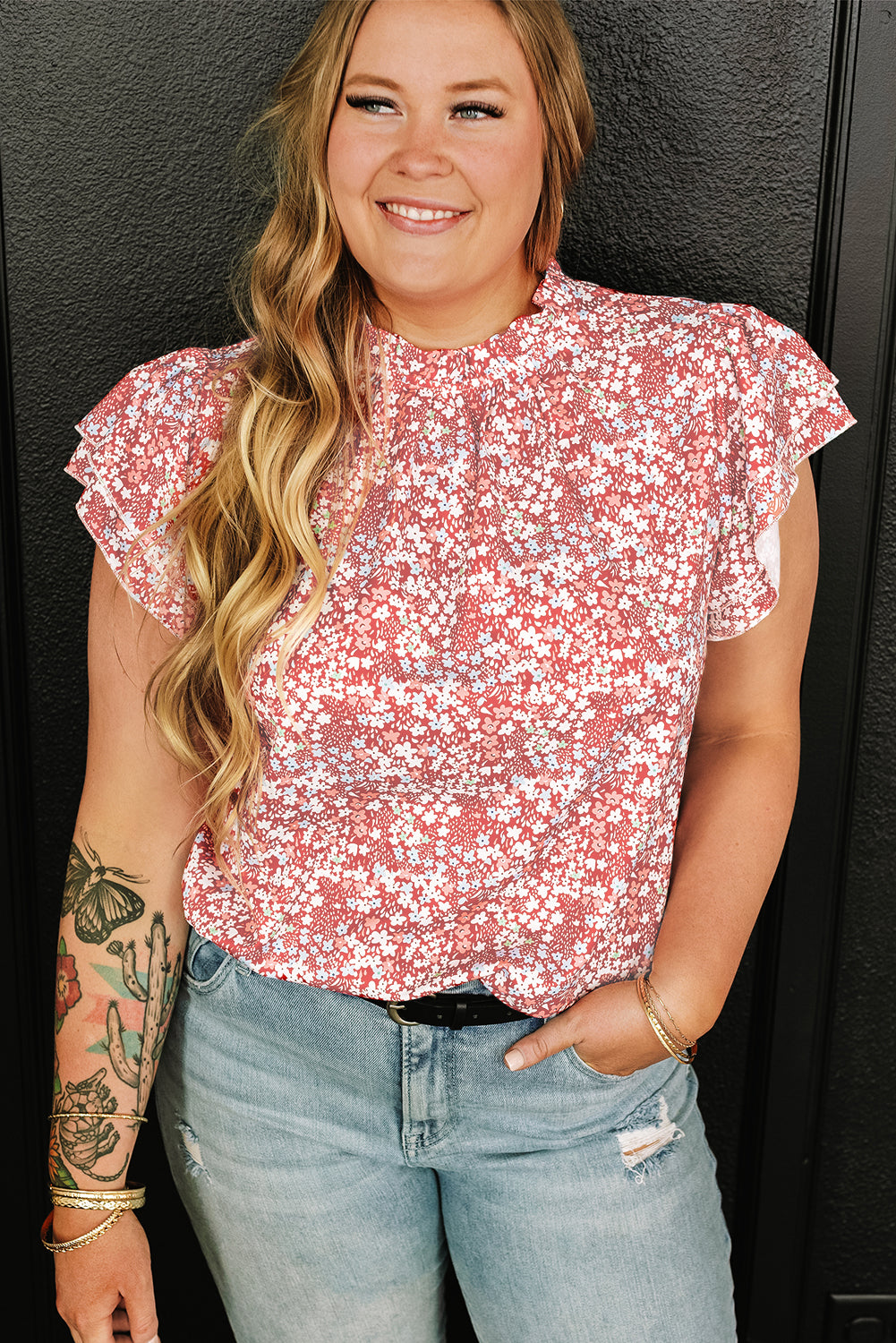 Pink Floral Ruffled Sleeve Frilled Neck Blouse