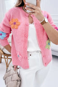 Pink Knit Floral Button Up Cardigan Pink 42%Acrylic+30%Polyester+28%Polyamide Bazaare Mart Sweaters & Cardigans/Cardigans