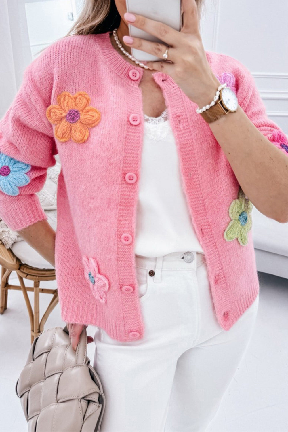 Pink Knit Floral Button Up Cardigan