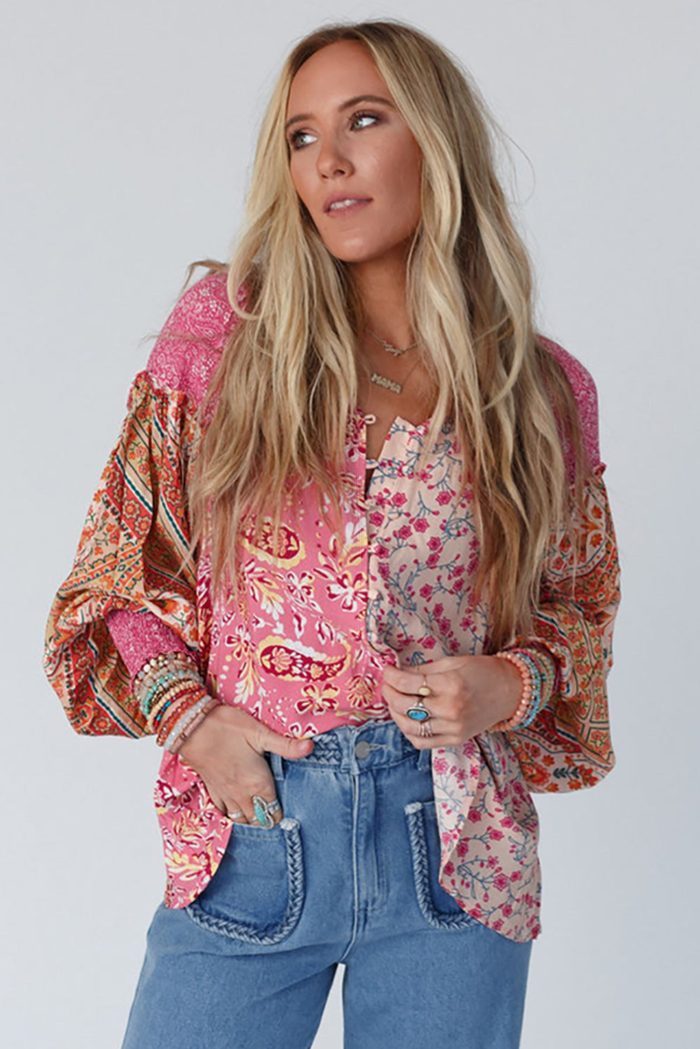 Pink Mixed Floral Patchwork Long Lantern Sleeve V-Neck Blouse Shewin Blouses