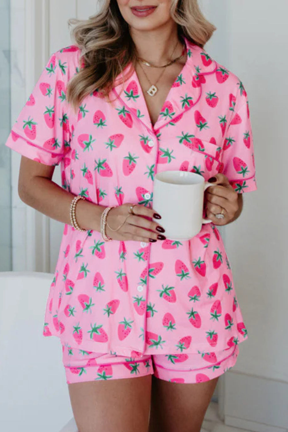 Pink Strawberry Print Button Up Lapel Collar Short Sleeve Shirt and Cuffed Shorts Pajama Set