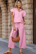 Pink Textured Flutter Sleeve Zipped Top and Wide Leg Capris Set Pink 95%Polyester+5%Elastane Bazaare Mart Two Piece Sets/Pant Sets