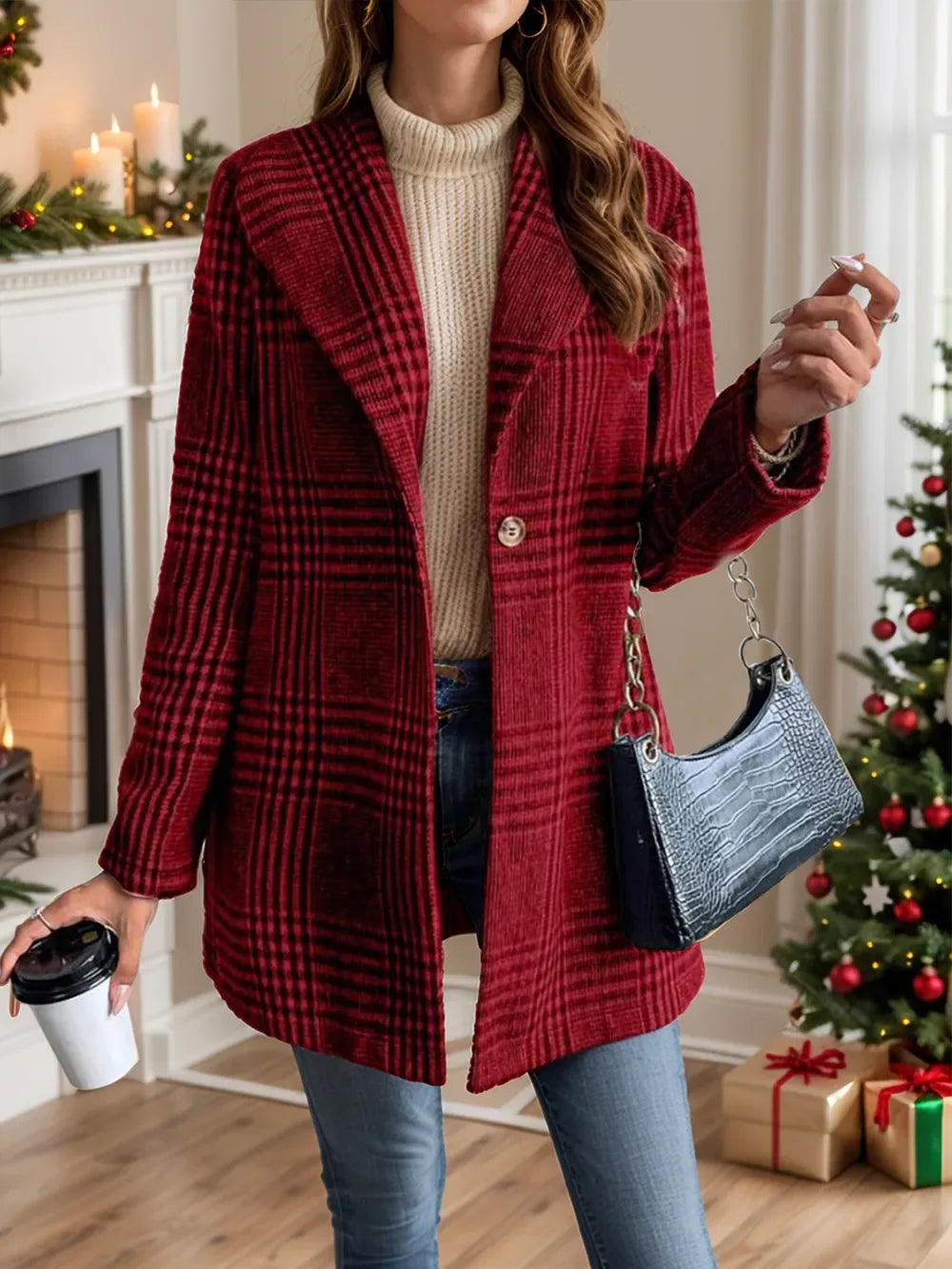 Plaid Big Collar Long Jacket Burgundy