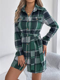 Plaid Button Front Tie Waist Mini Shirt Dress Green Bazaare Mart Plaid Long Sleeve Shirt Dress