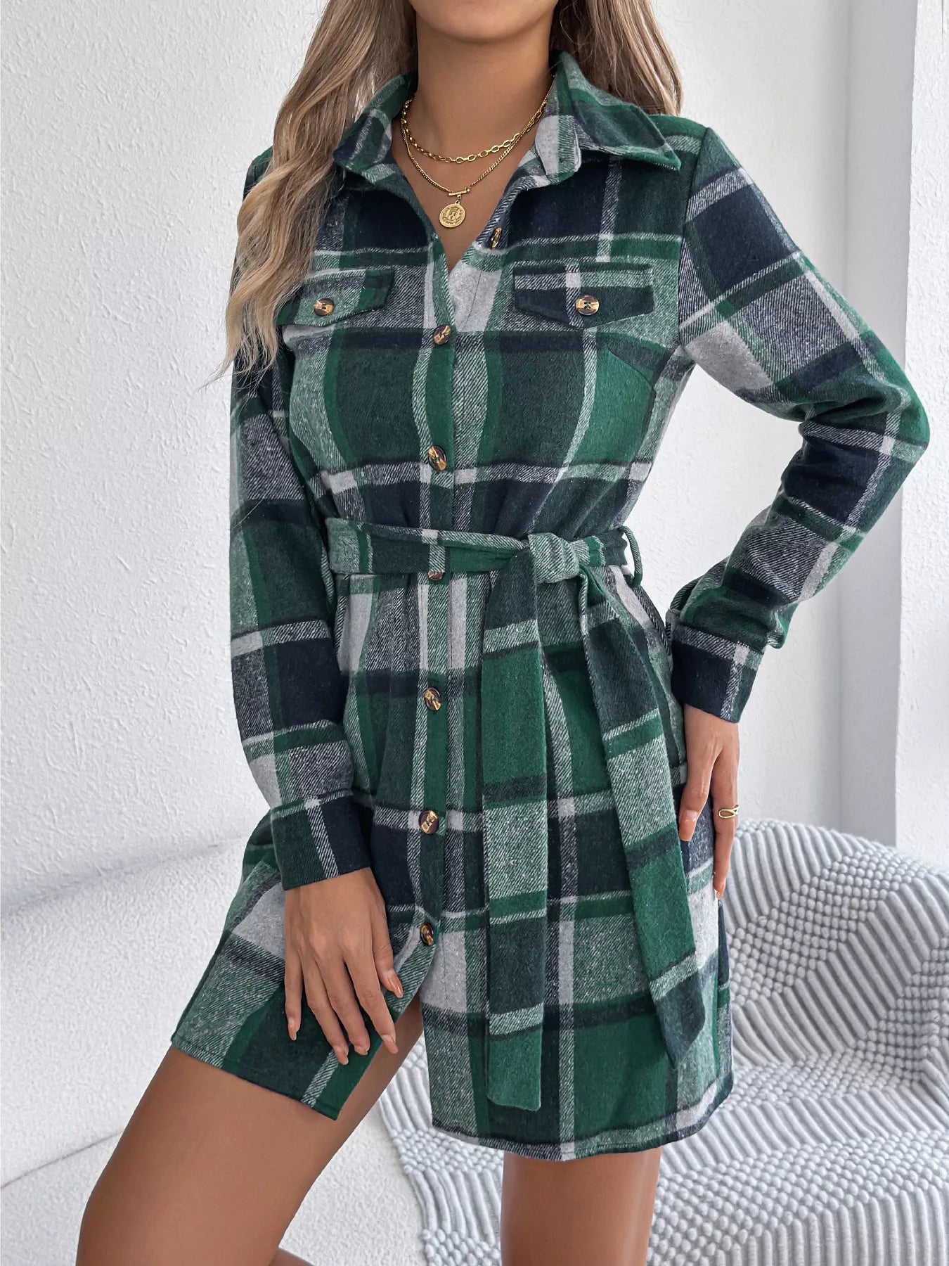 Green Plaid Button Front Tie Waist Mini Shirt Dress