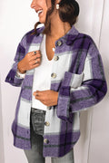 Plaid Button Up Long Sleeve Shacket Purple 95%Polyester+5%Spandex Bazaare Mart Outerwear/Plaid Shackets