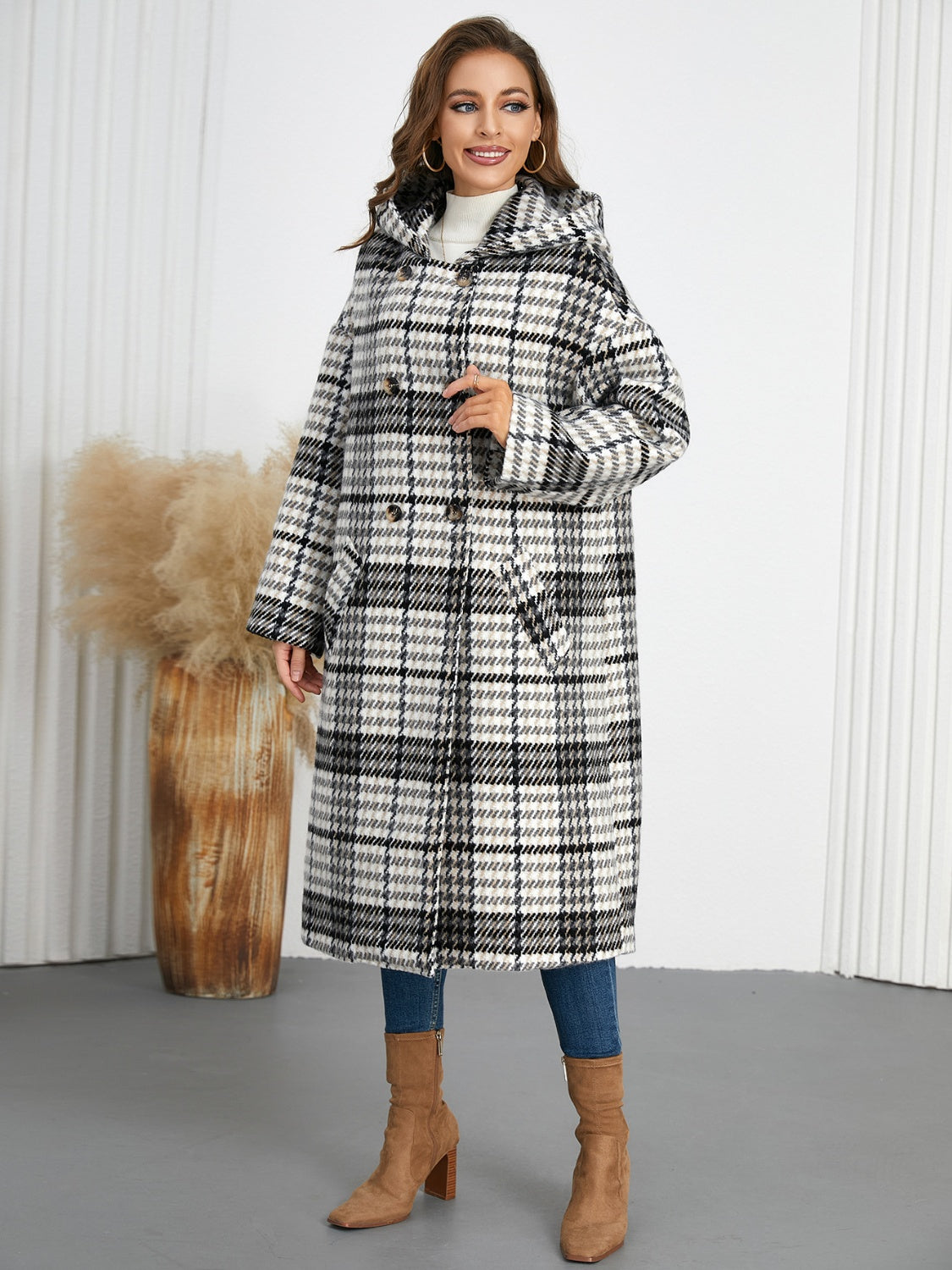 Plaid Double-Breasted Hooded Dress Coat