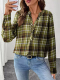 Plaid Half Button Long Sleeve Blouse Light Green Bazarre Mart Plaid Half Button Long Sleeve Blouse