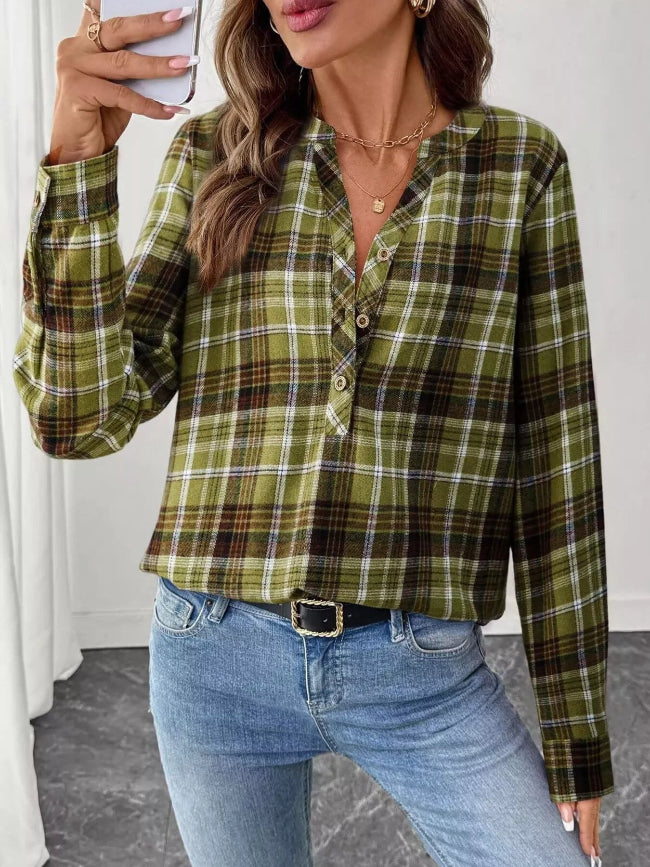 Green Plaid Half Button Long Sleeve Blouse