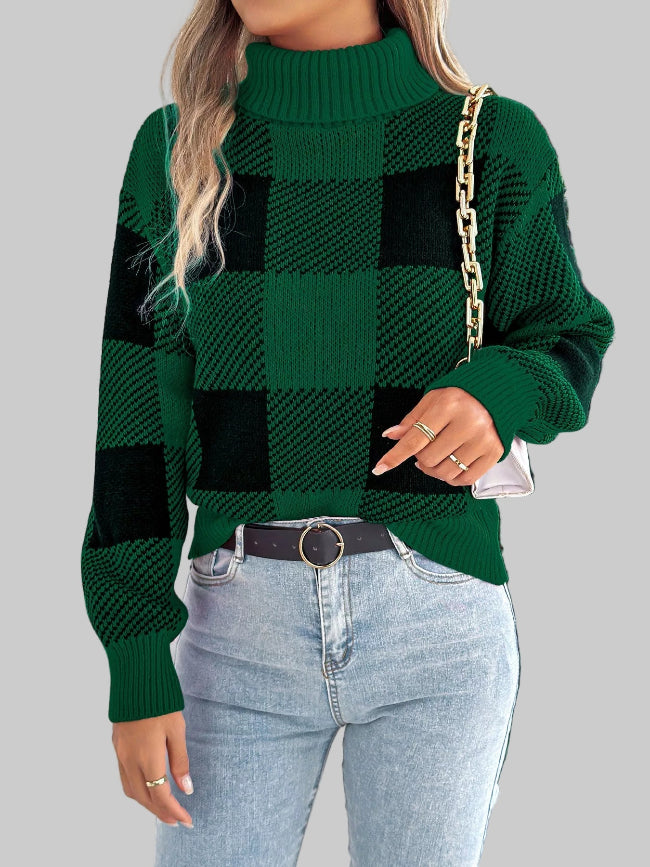 Green Plaid Long Sleeve Turtleneck Sweater