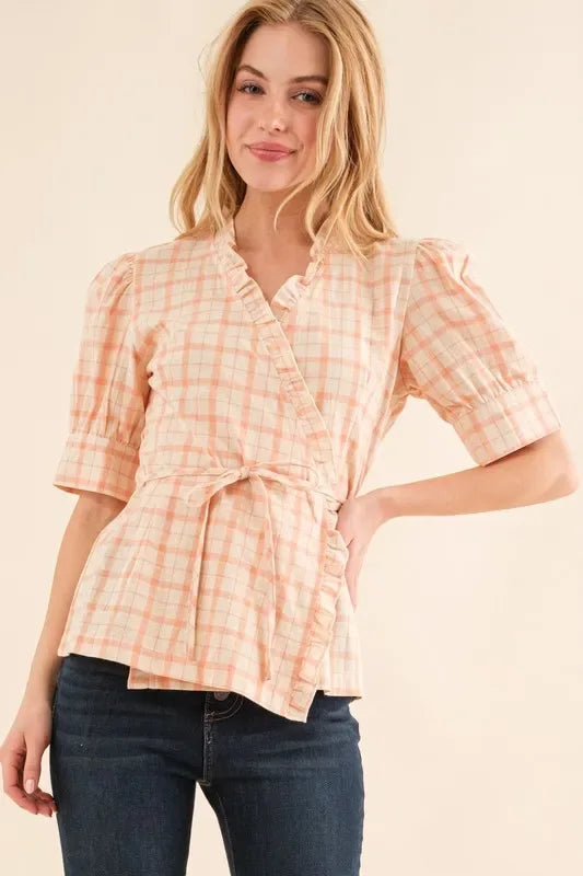 Salmon Plaid Ruffled Wrap Blouse Bazaare Mart Plaid Wrap Ruffle Blouse