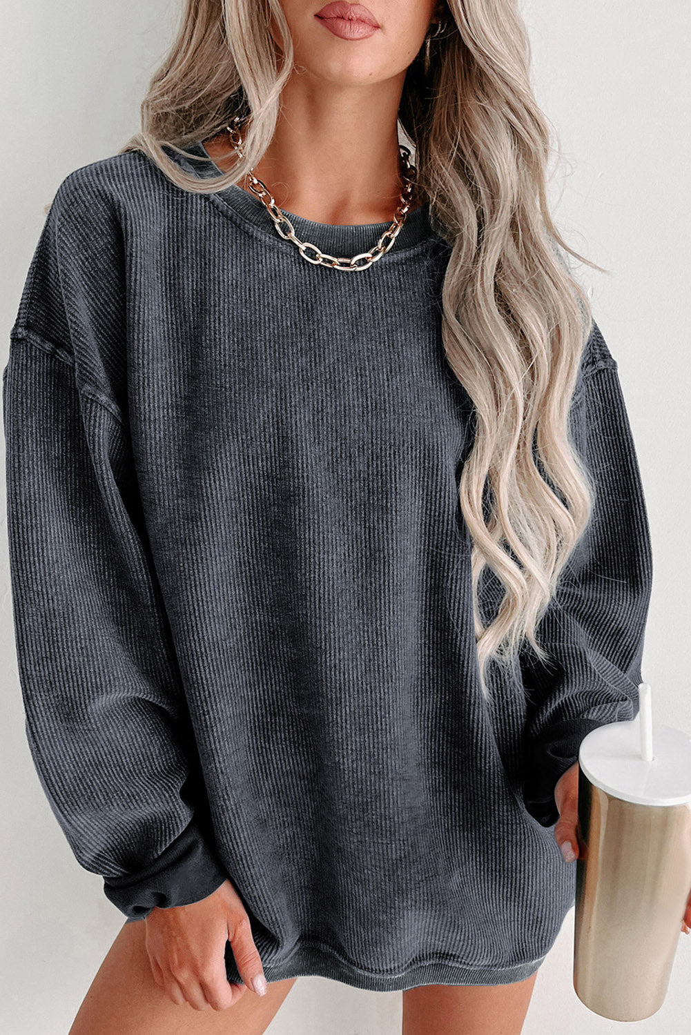 Dark Grey Corded Drop Shoulder Bulky Sweatshirt