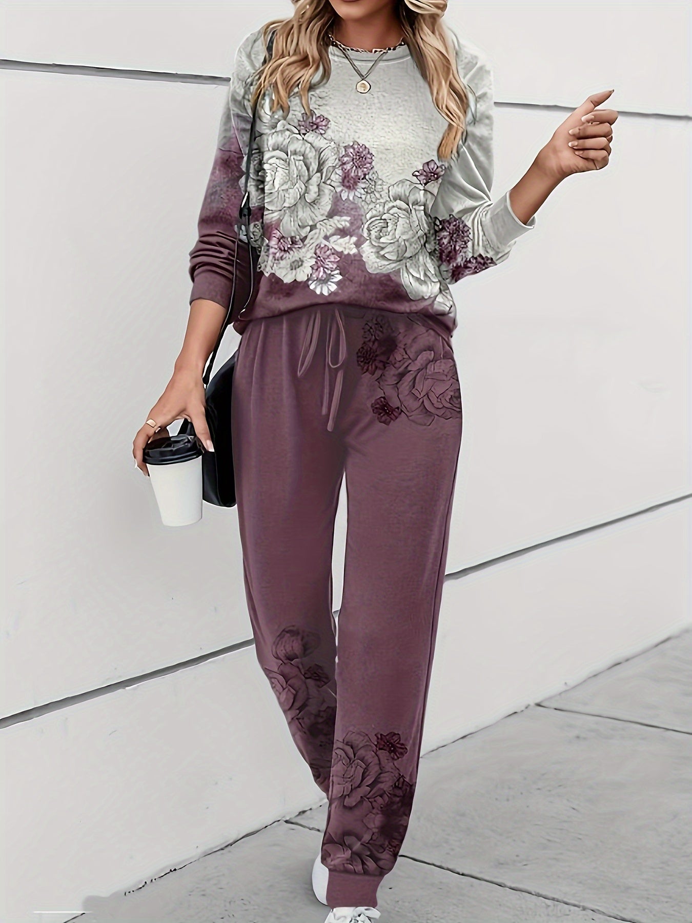 Plus Size Floral Print Casual Pants Set