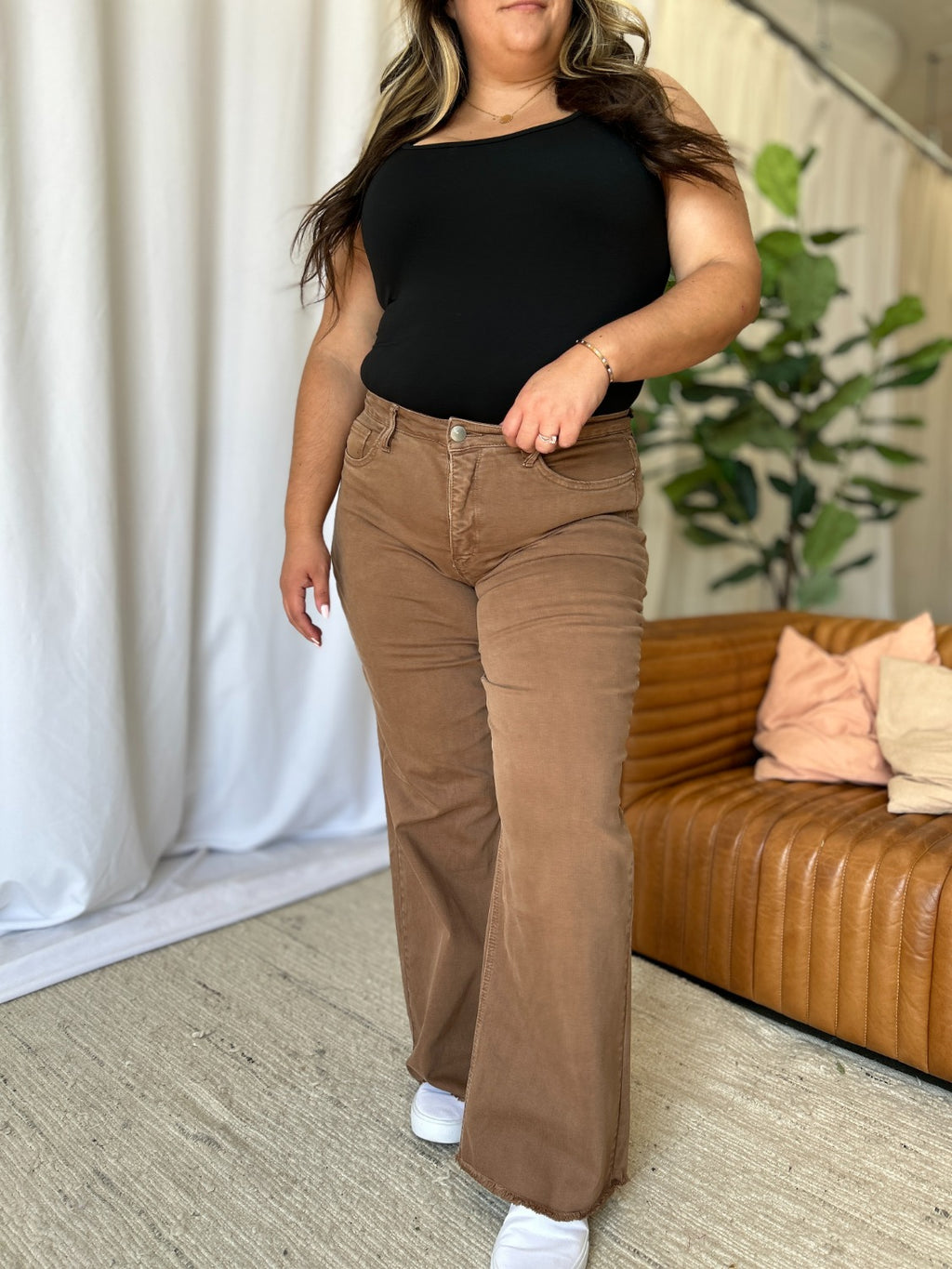 Brown Plus Size High Rise Wide Leg Jeans