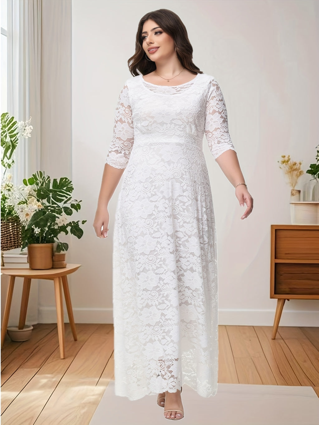 White Plus Size O Neck Three Quarter Sleeve Lace Wedding Dress