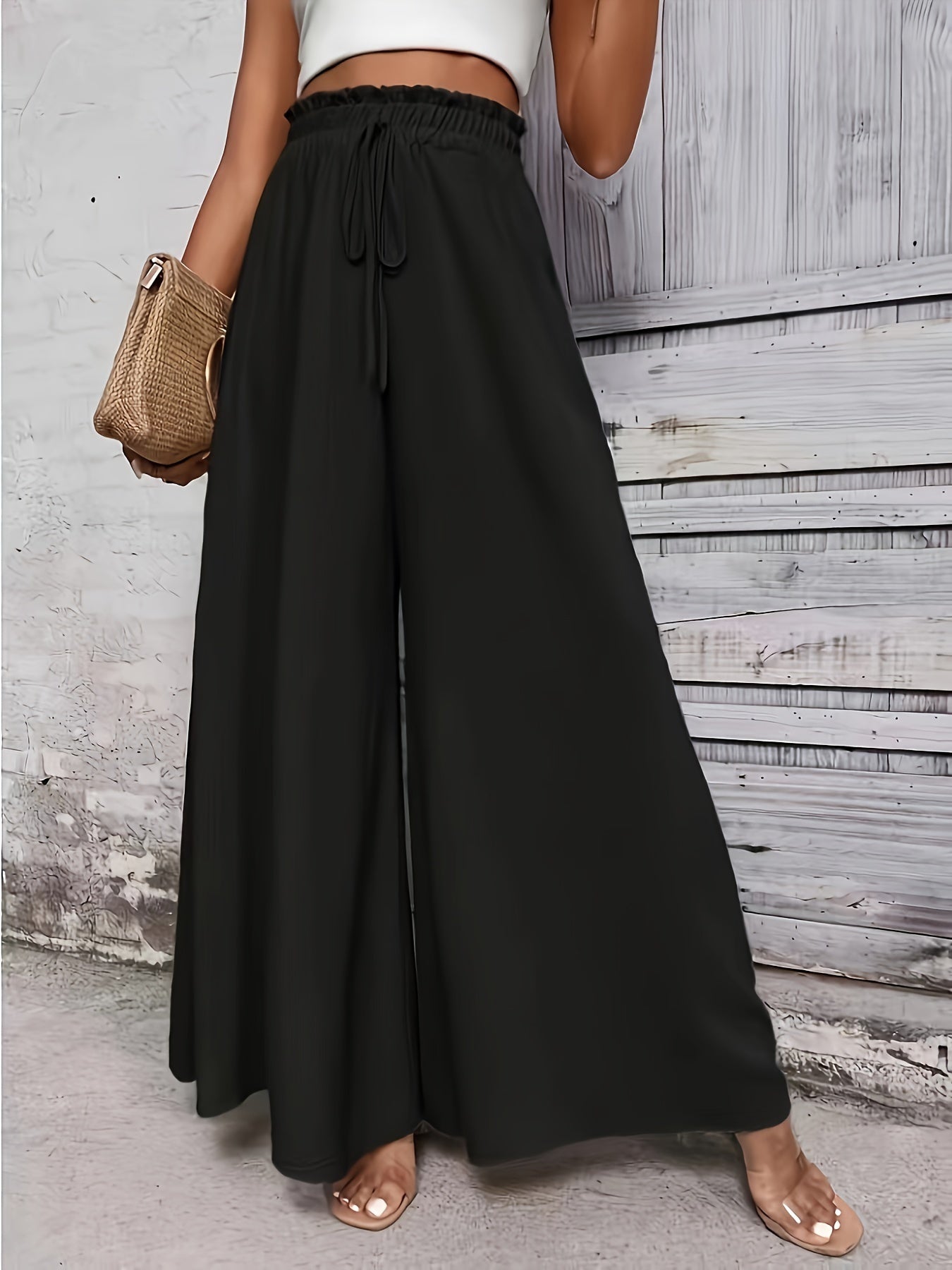 Black Plus Size Elastic drawstring Waist Palazzo Pants 