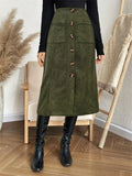 Pocketed Back Elastic Waist Skirt Army Green Bazarre Mart Green Corduroy Midi Skirt