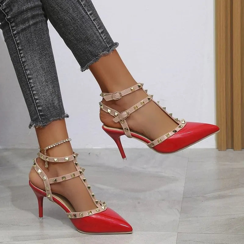 Red and Beige Pointed Toe Rivet Embellished Pump Sandals