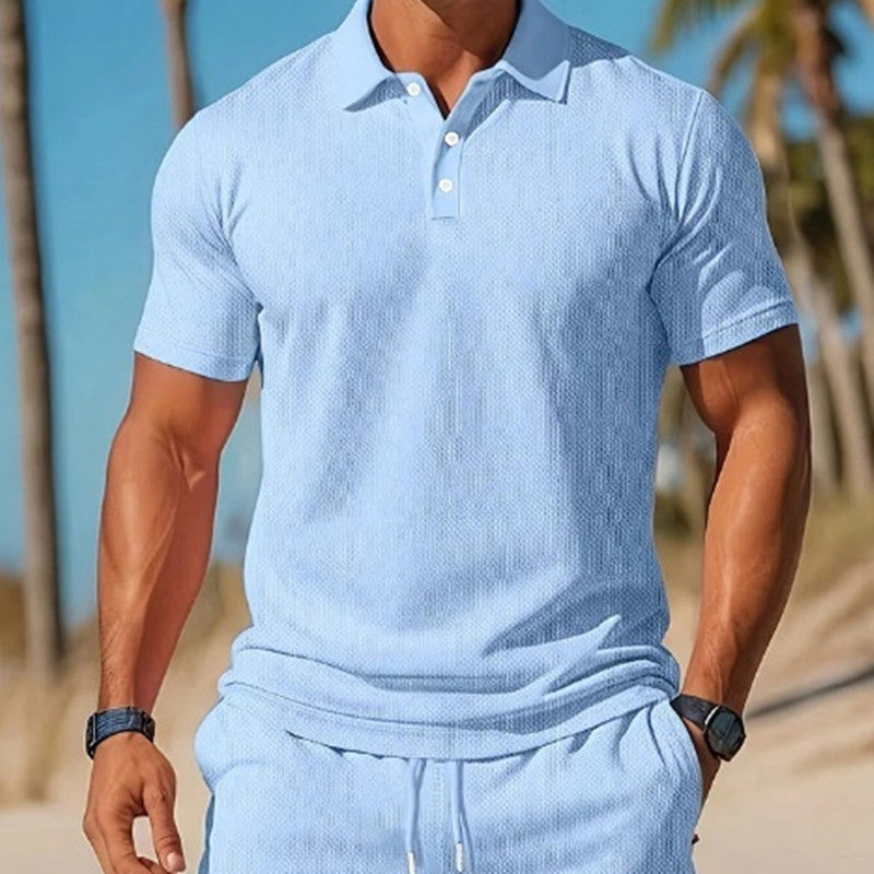 Light Blue Polo Shirt And Matching Drawstring Shorts Set