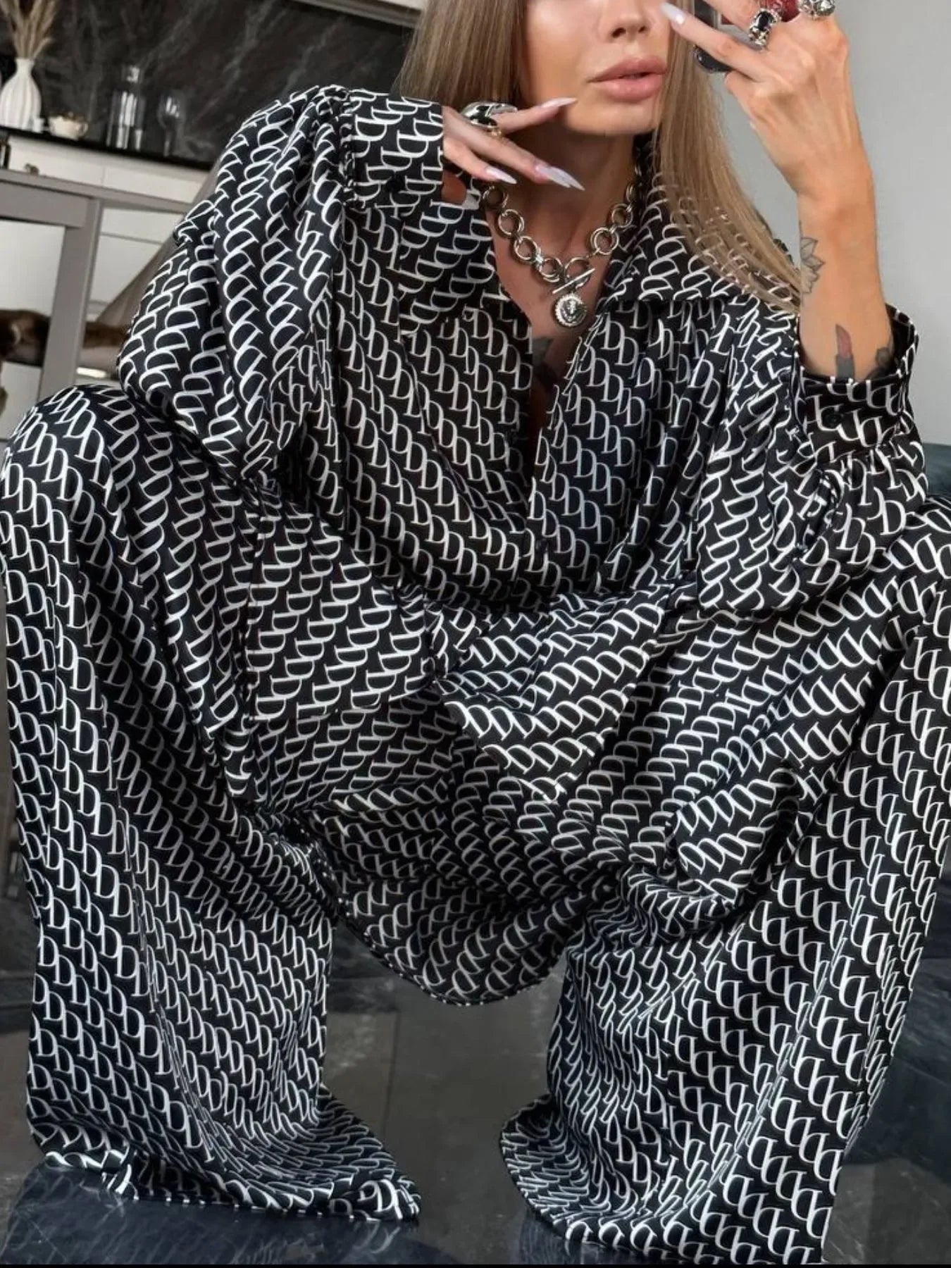 Printed Button Up Long Sleeve Shirt and Pants Set Black Trendsi Printed Pants Set