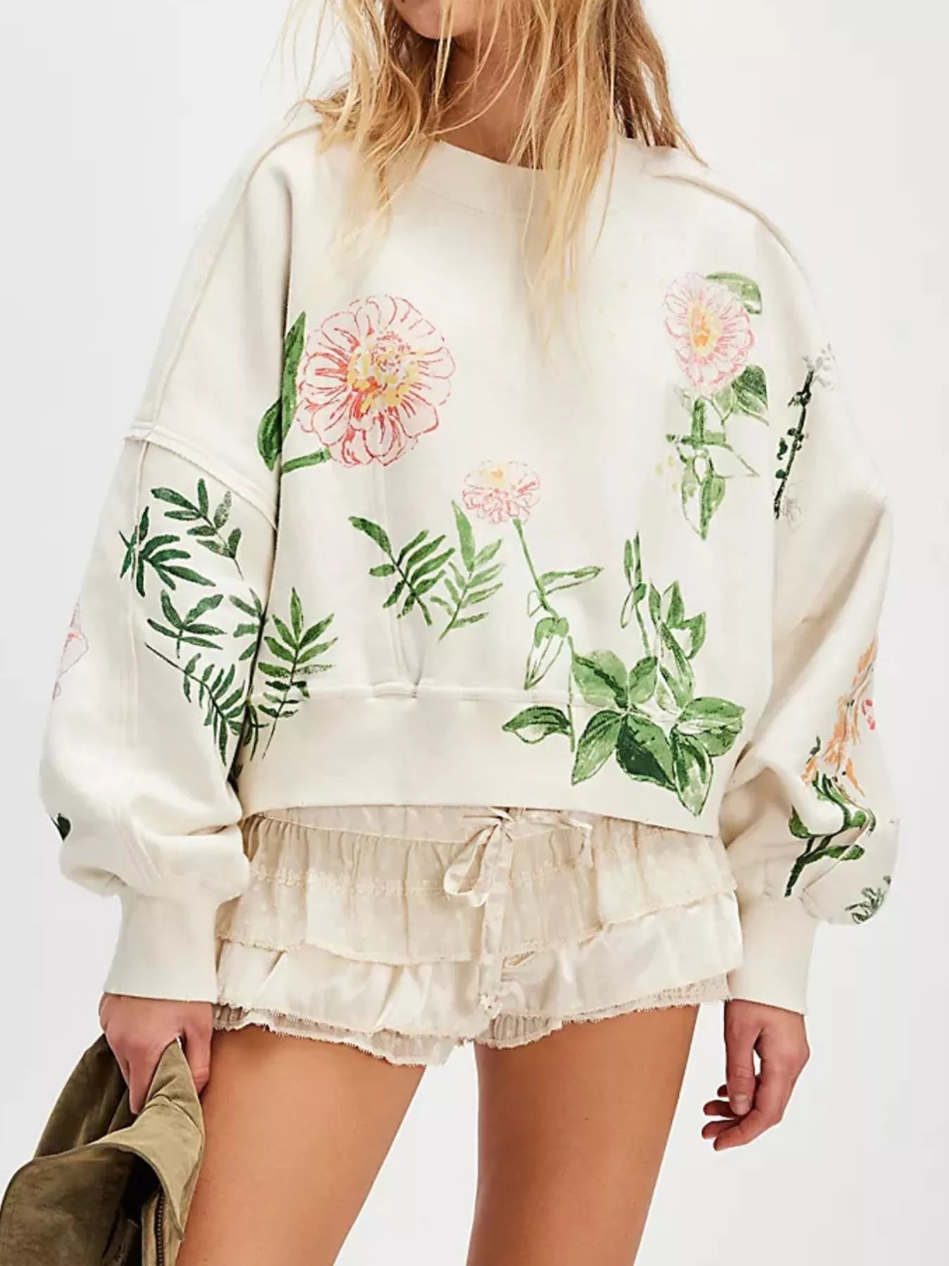 Floral Printed Dropped Shoulder Crop White Sweatshirt