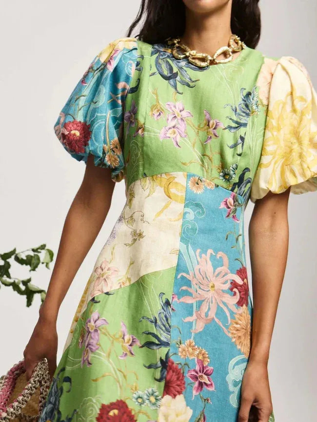 Green & Yellow Patchwork Puff Sleeve Midi Dress Lime Bazaare Mart Floral Patch Midi Dress