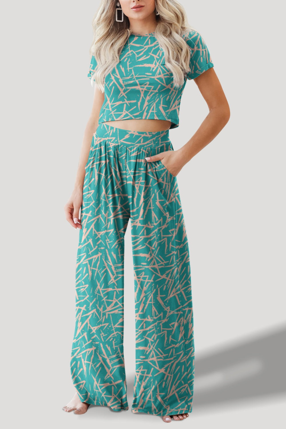 Printed Short Sleeve Wide Leg Pants Set