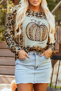 Leopard Pumpkin Sweatshirt Leopard Bazaare Mart Pumpkin Graphic Leopard Round Neck Long Sleeve Top