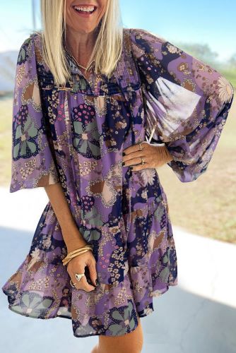 Purple Floral Puff Sleeve Dress