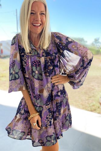 Purple Floral Puff Sleeve Dress