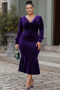 Purple Cowl Neck Long Sleeve Mermaid Ruffle Velvet Midi Dress Purple Bazaare Mart Velvet Midi Dress