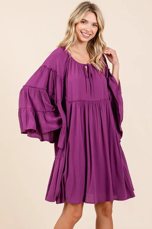 Purple Frill Tie Neck Bell Sleeve Dress
