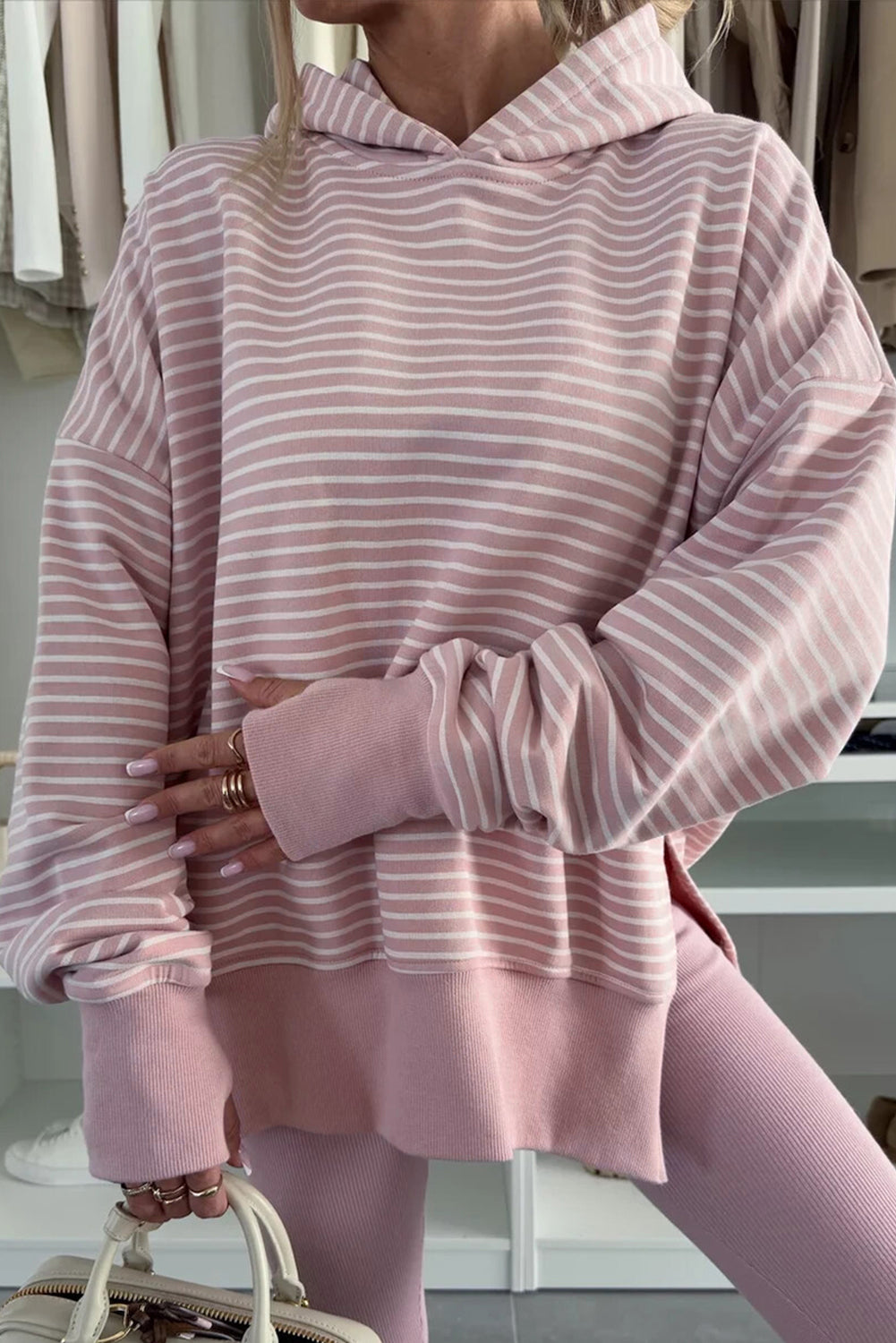 Purple Stripe Drop Shoulder Loose Fit Hoodie