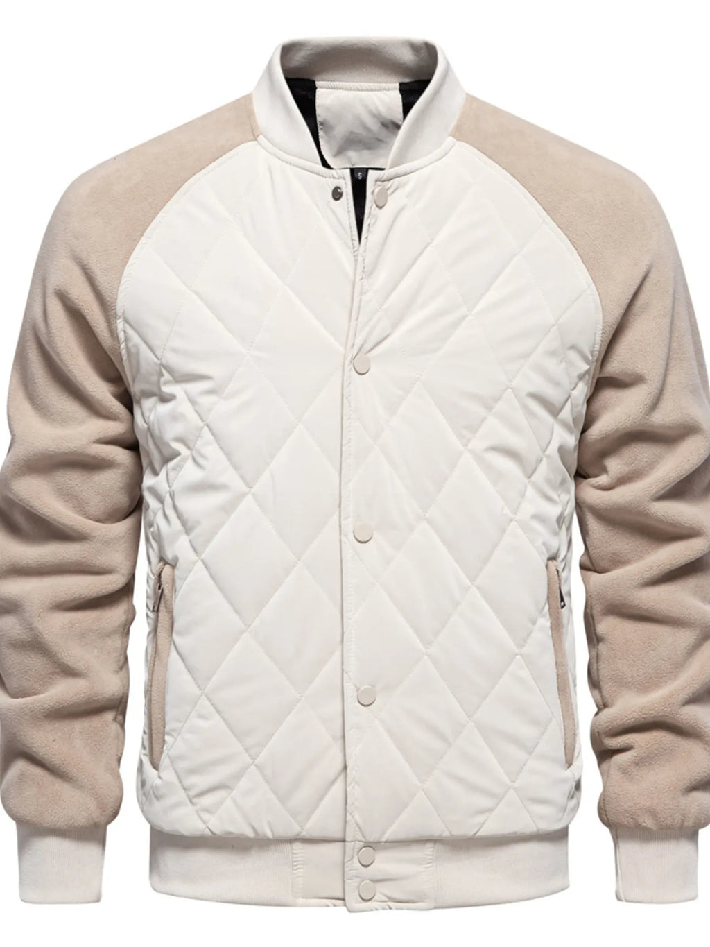 Off White Quilted Snap Down Bomber Jacket