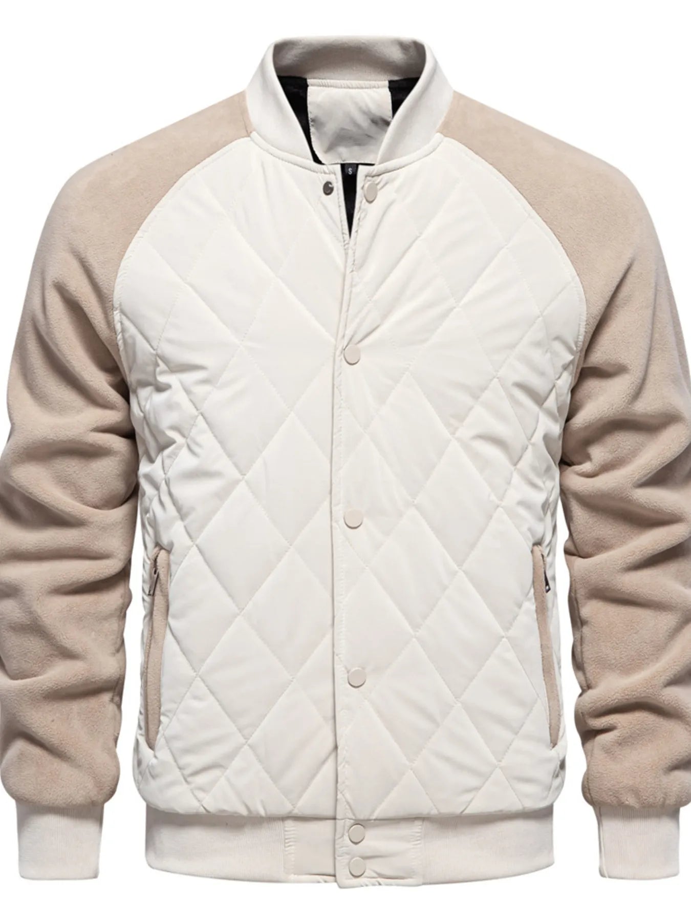 Off White Quilted Snap Down Bomber Jacket