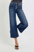 RISEN High Rise Crop Wide Button Up Jeans DARK Bazaare Mart Button Cropped Jeans