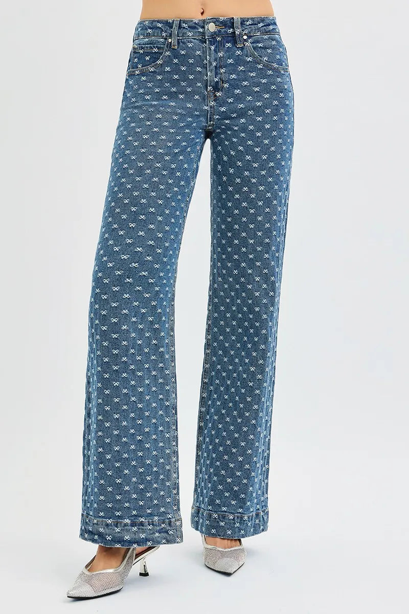 Mid Rise Wide Leg Bow Embroidered Jeans