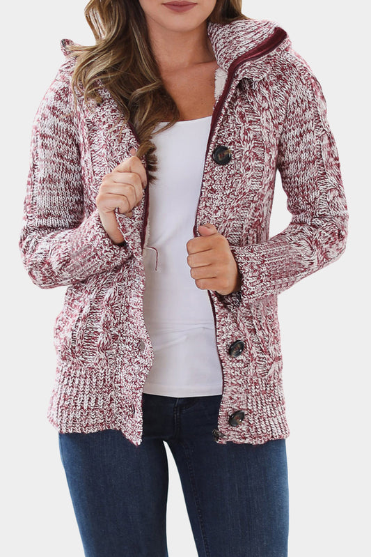 Red Fur Lined Button-Up Hooded Cardigan